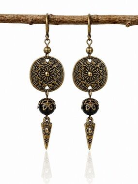 Boho Bronze Medallion Drop Earrings Black Glass Bead Statement